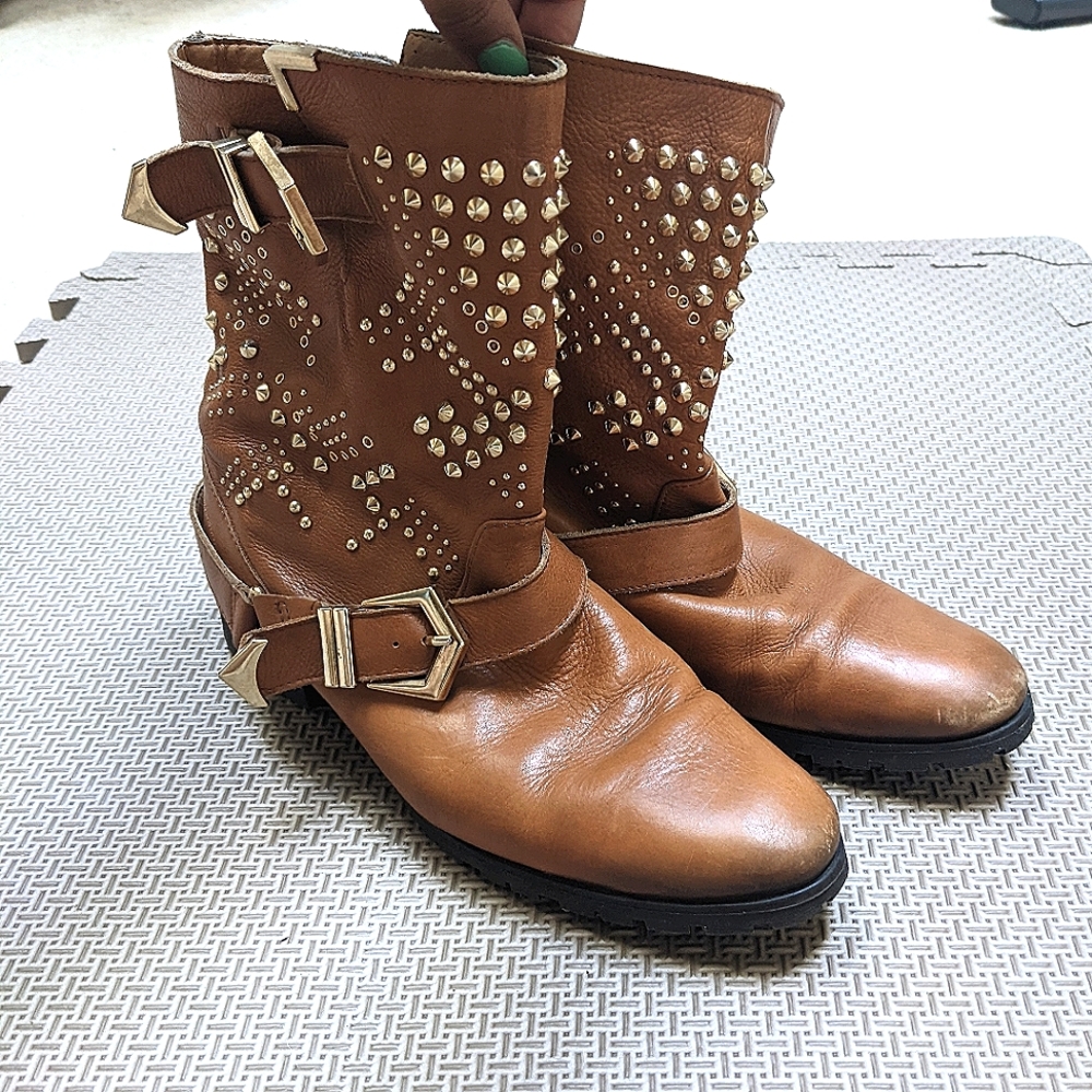Gold studded brown leather Zara boots